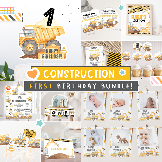 Construction 1st Birthday Bundle | Under Construction One Year Party Decorations Package - 07A