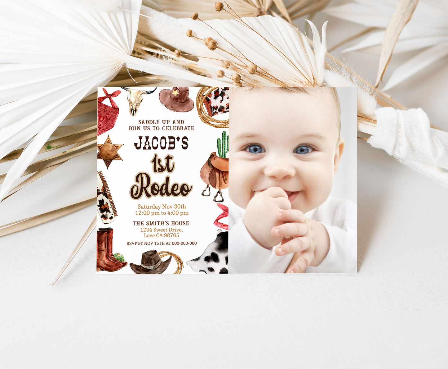 Editable Cowboy Photo Invitation | First rodeo Birthday Invite - 34A