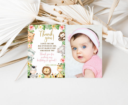 Girl Safari Photo Thank You Card | Editable Jungle Birthday Thank You Note - 35E