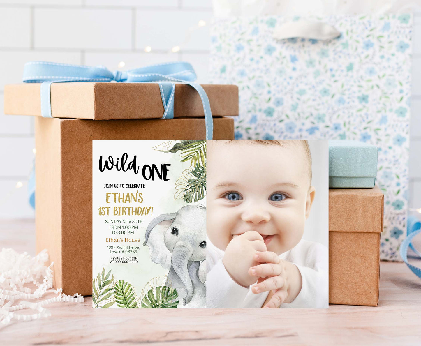 Editable Elephant Photo Invitation | Safari Birthday Invite - 35A