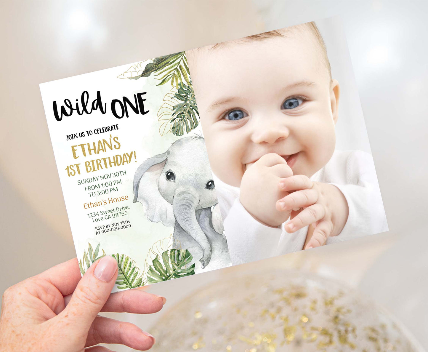 Editable Elephant Photo Invitation | Safari Birthday Invite - 35A