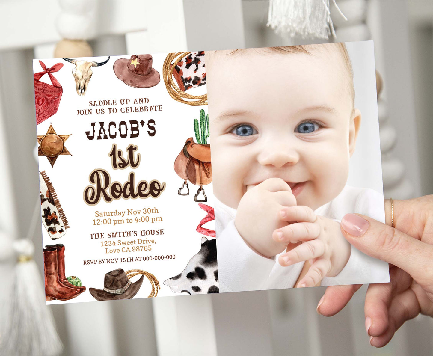 Editable Cowboy Photo Invitation | First rodeo Birthday Invite - 34A