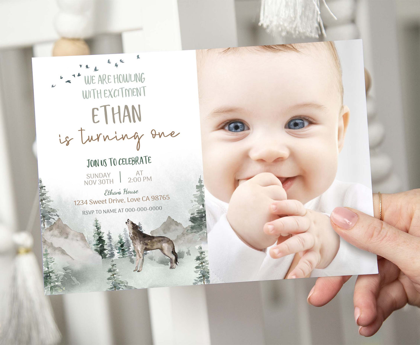 Editable Wolf Photo Invitation | Forest Birthday Invite - 47H