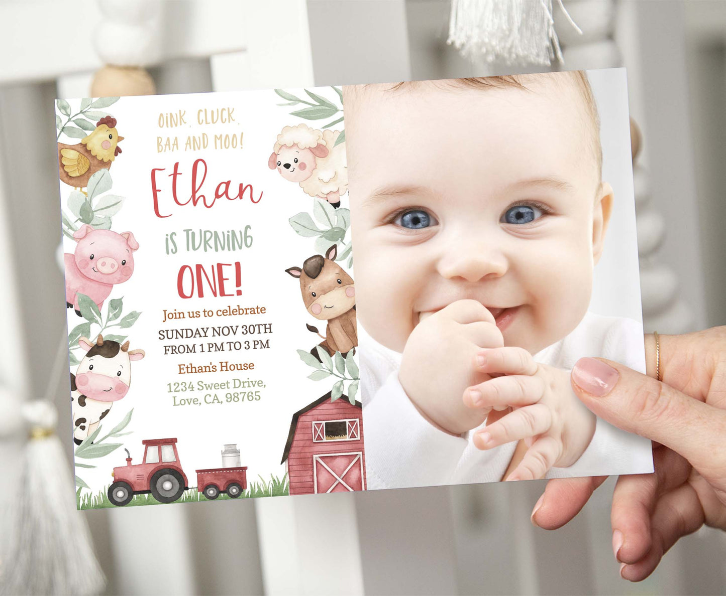 Editable Boy Farm Photo Invitation | Red Barnyard Birthday Invite - 11A