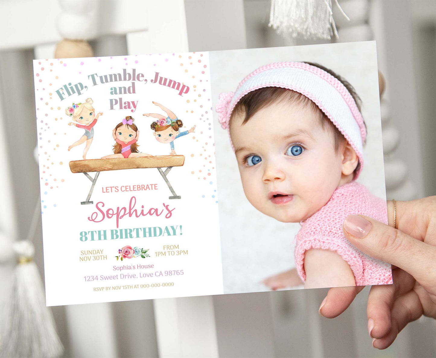 Editable Gymnastic Photo Invitation | Pink Gymnastic Birthday Invite - 99A