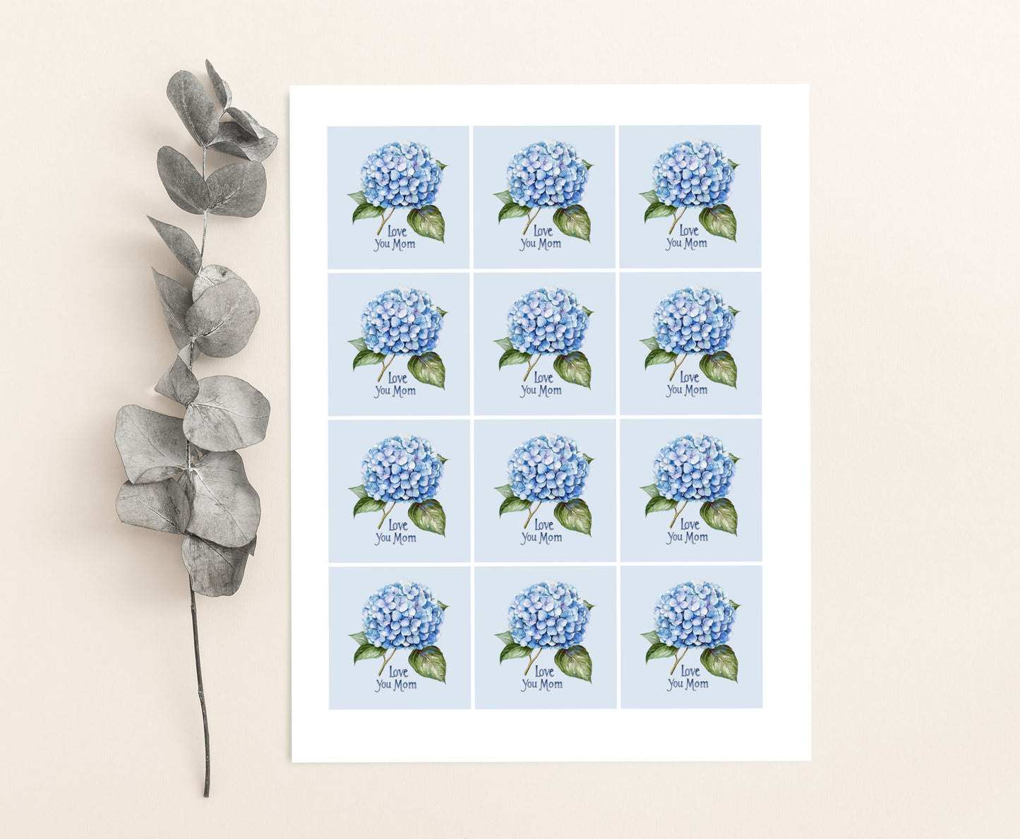 Blue Hydrangea Love you Mom Square and Round Tags |  Happy Mother's Day Gift Tag - 116)