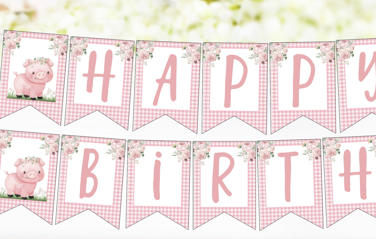 Editable Pig Banner | Floral Pig Party Decorations - 81A
