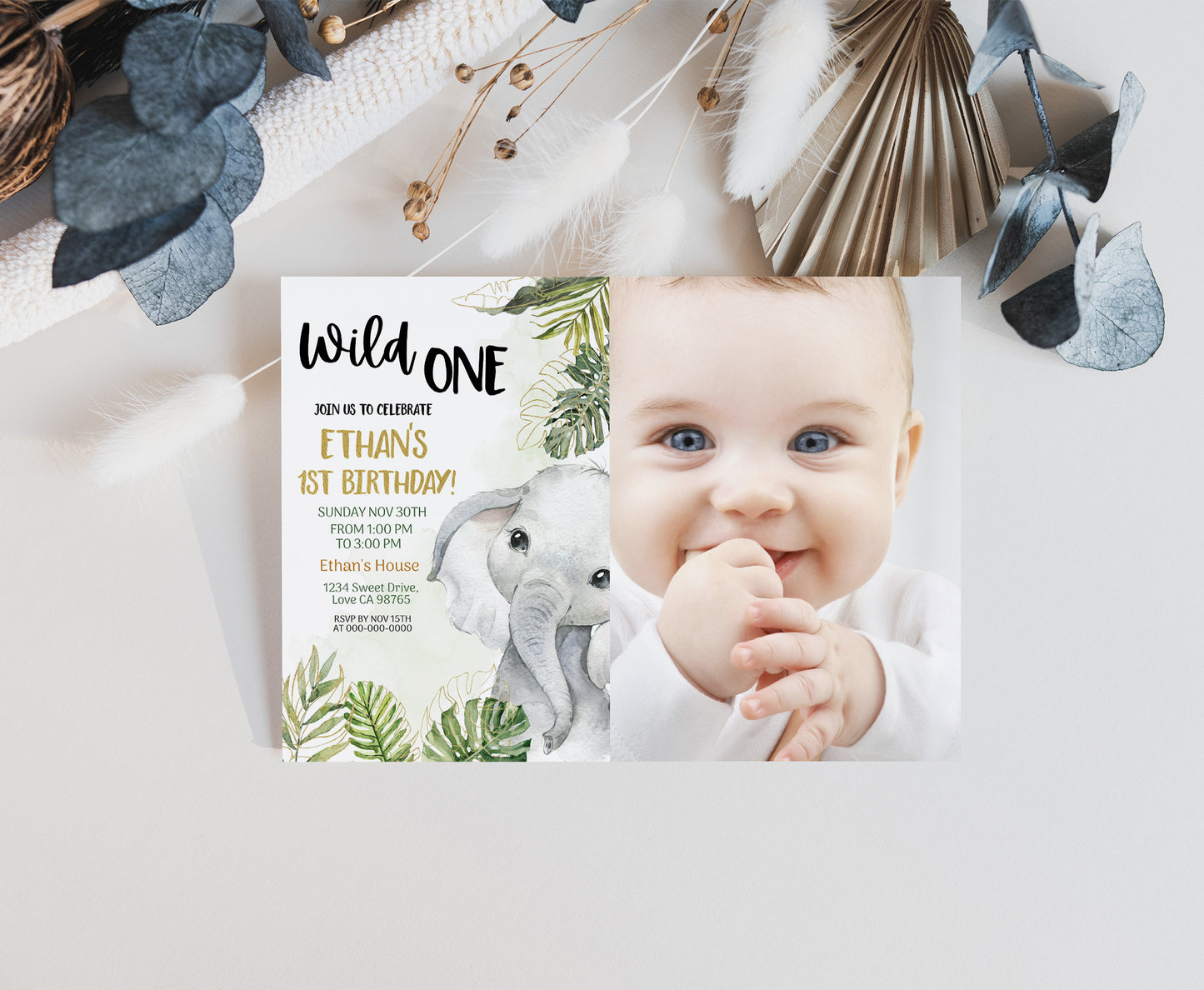 Editable Elephant Photo Invitation | Safari Birthday Invite - 35A