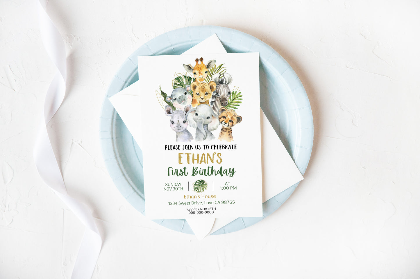 Safari first birthday Invitation | Editable Jungle Animals 1st Birthday Invite - 35A