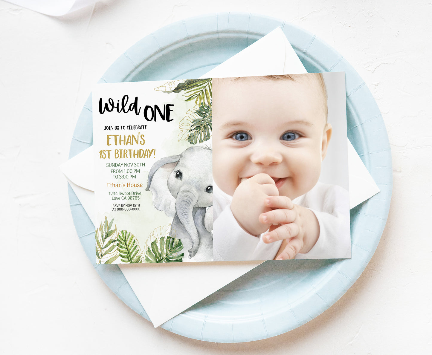 Editable Elephant Photo Invitation | Safari Birthday Invite - 35A