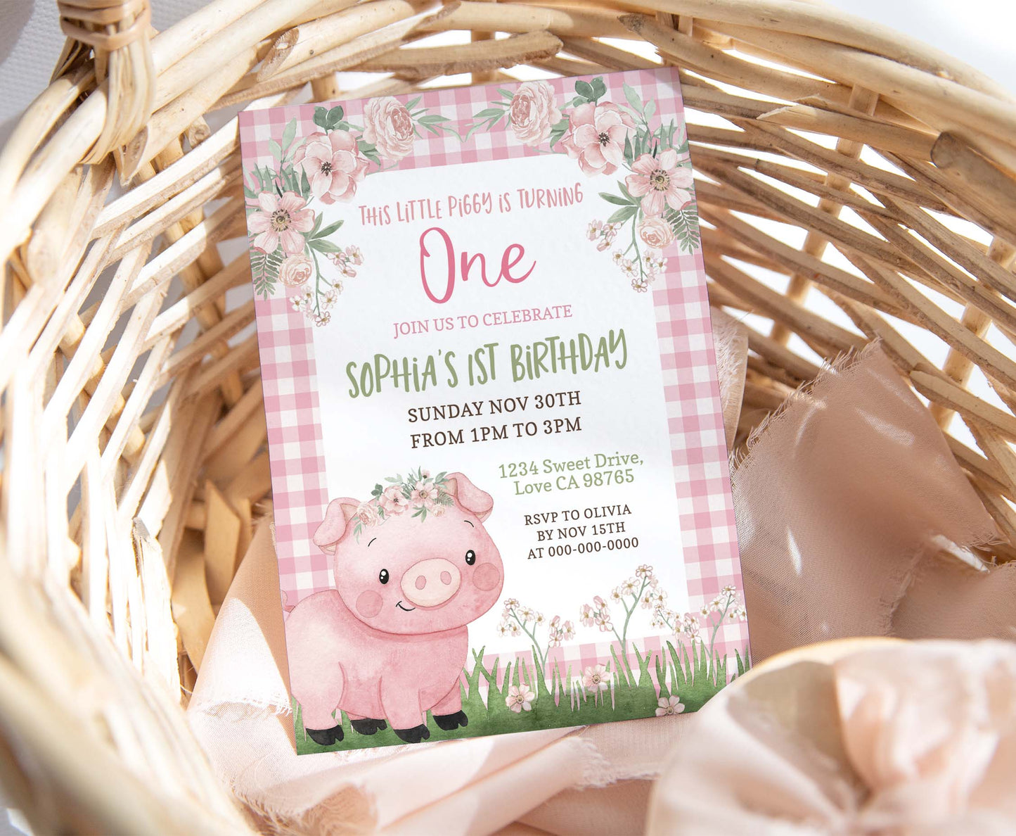 Girl First Pig Birthday Party Invitation | Editable Little Piggy Birthday Invite - 81A