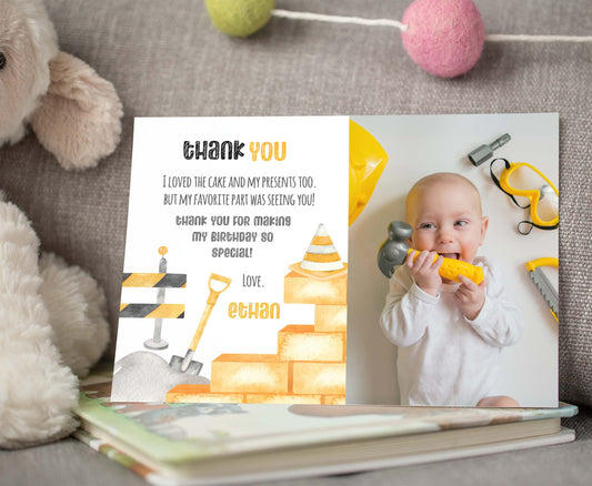Construction Photo Thank You Card | Editable Under Construction Birthday Thank You Note - 07A