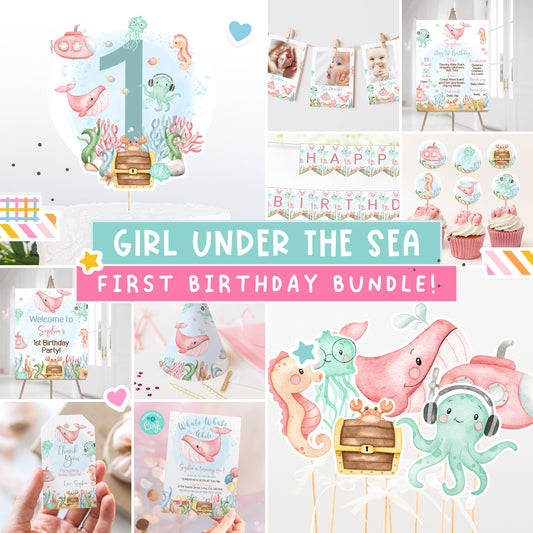 Girl Under the Sea First Birthday Bundle | Pink Ocean Animals 1st Birthday Party Decorations Package - 44A