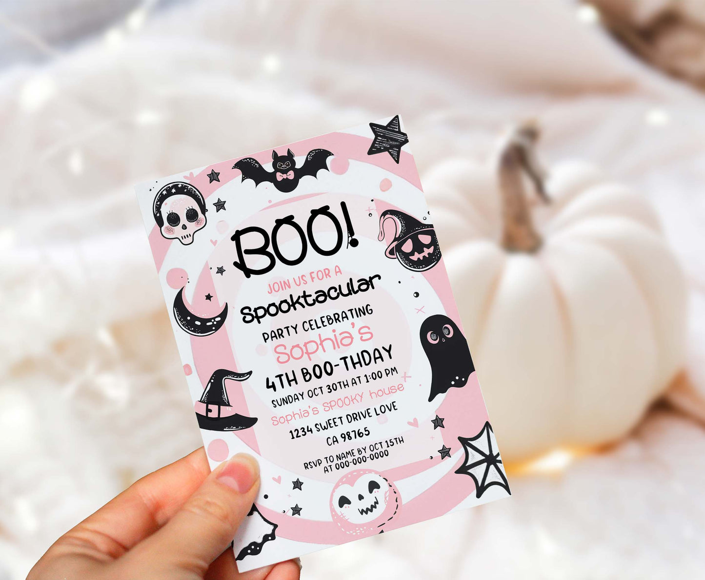 Editable Spooktacular Halloween Birthday Invitation | Pink Halloween Party Invite - 115T