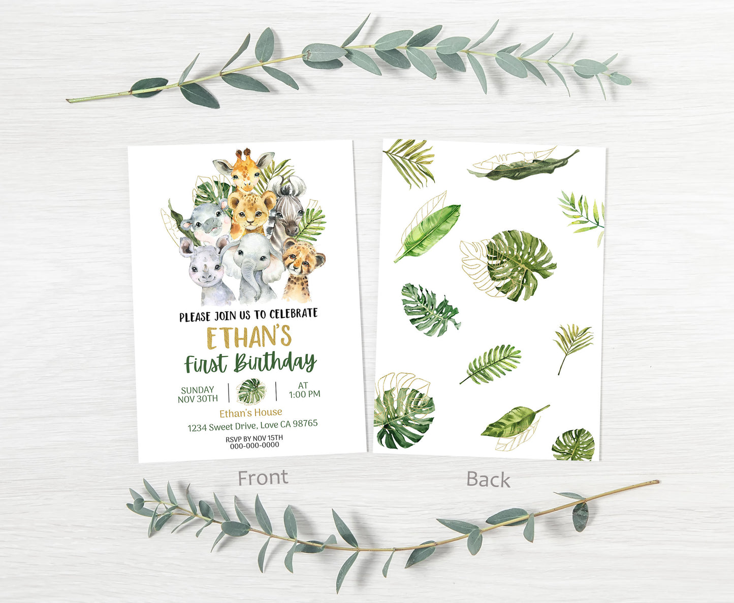 Safari first birthday Invitation | Editable Jungle Animals 1st Birthday Invite - 35A