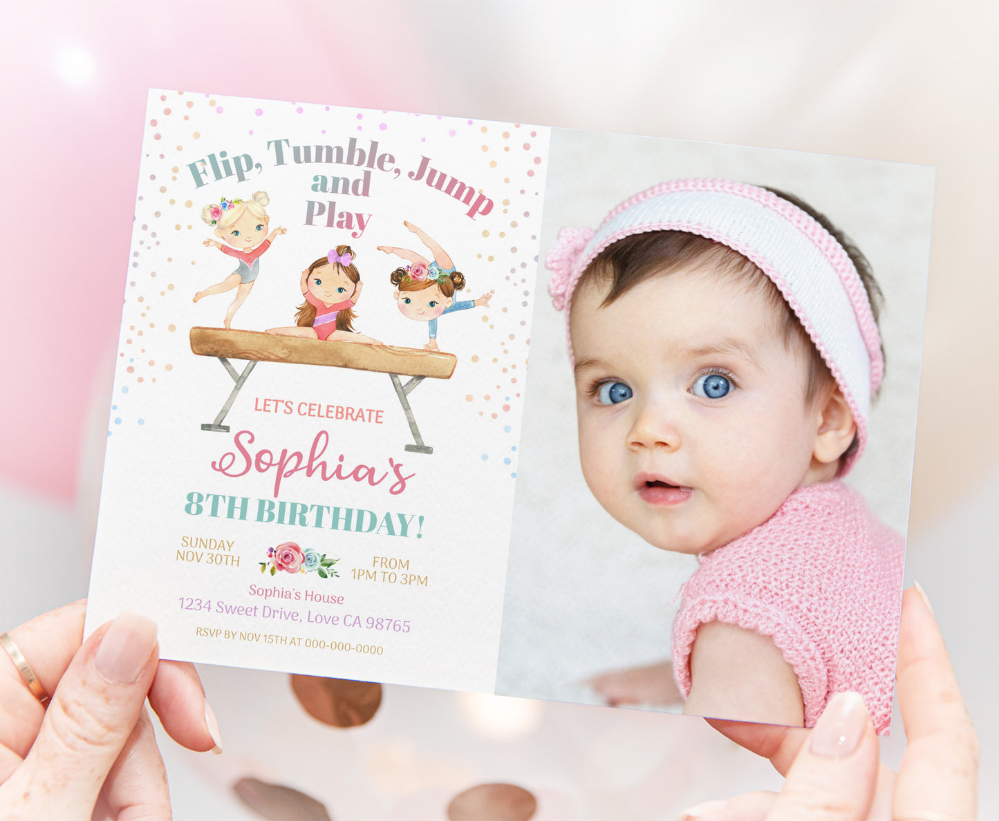 Editable Gymnastic Photo Invitation | Pink Gymnastic Birthday Invite - 99A