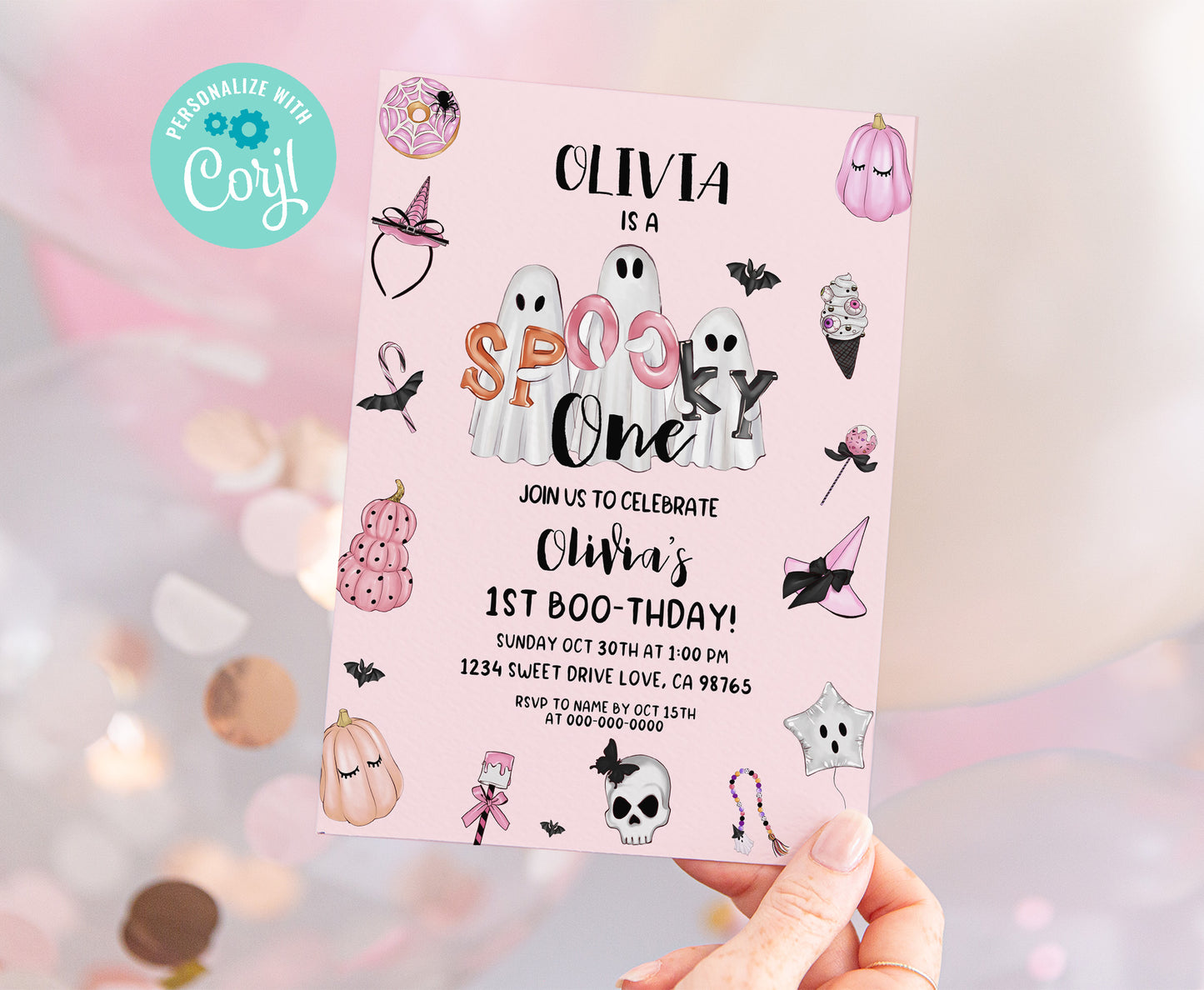 Pink Ghost Halloween Birthday Invitation | Girl Halloween Party Invite - 115S