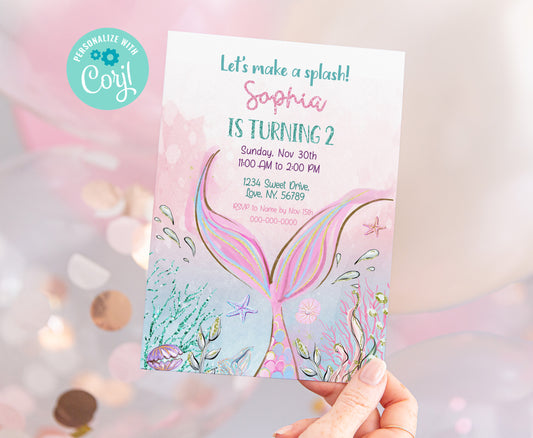 Editable Mermaid Birthday Invitation | Girl Under The Sea Party Invite - 20G