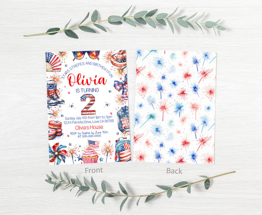 4th of July 2nd Girl Birthday Invitation | Editable Patriotic Party Invite - 111D