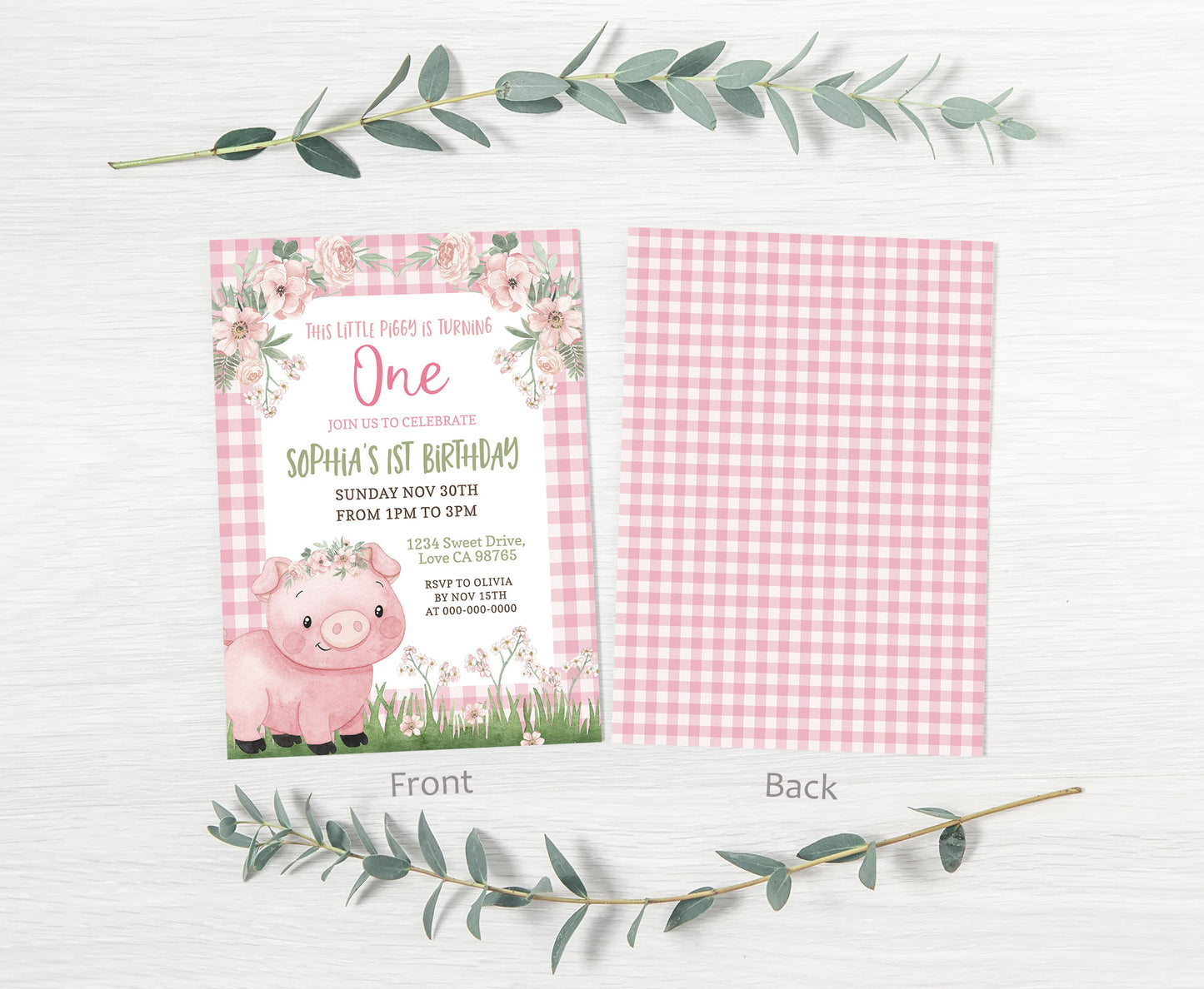 Girl First Pig Birthday Party Invitation | Editable Little Piggy Birthday Invite - 81A