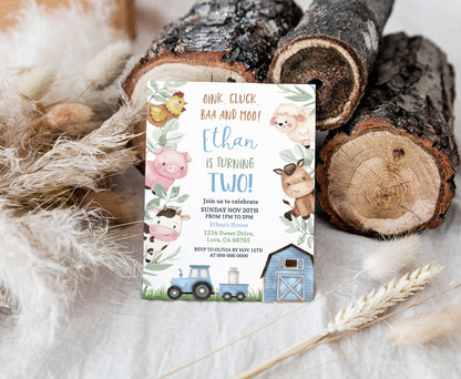 Boy Farm Birthday Party Invitation | Editable Blue Barnyard Birthday Invite - 11J