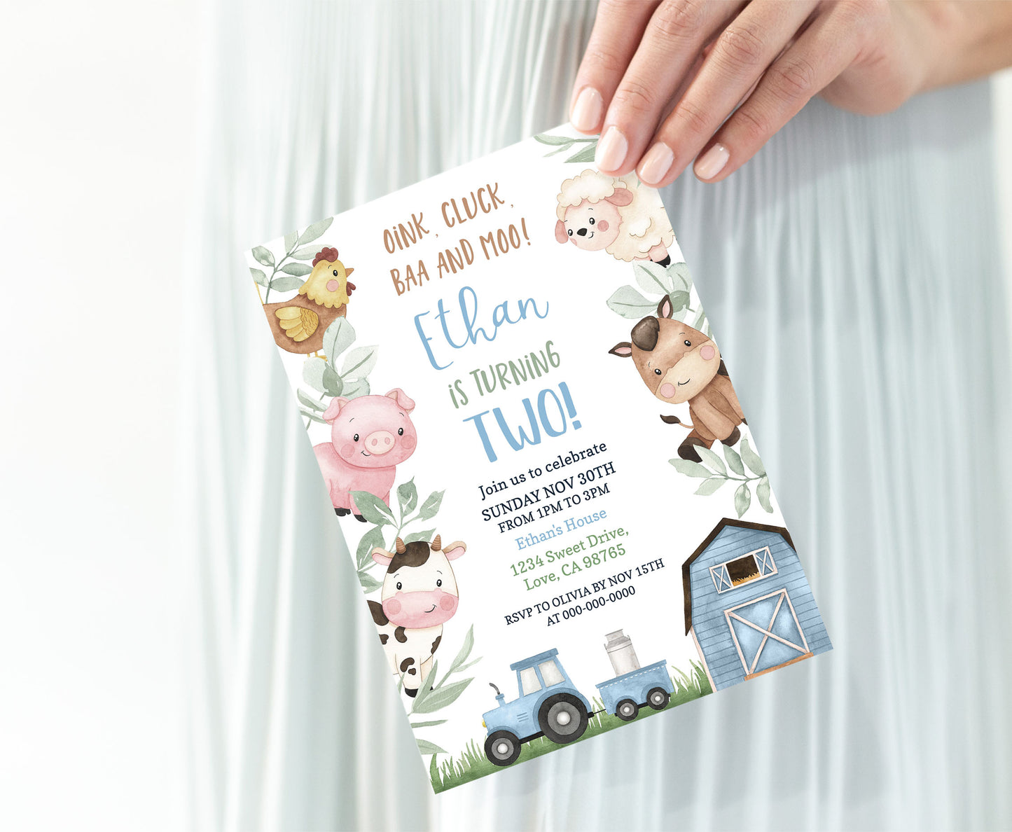 Boy Farm Birthday Party Invitation | Editable Blue Barnyard Birthday Invite - 11J