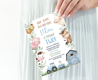 Boy Farm Birthday Party Invitation | Editable Blue Barnyard Birthday Invite - 11J