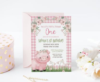 Girl First Pig Birthday Party Invitation | Editable Little Piggy Birthday Invite - 81A