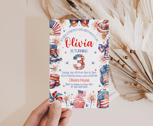 4th of July 3rd Girl Birthday Invitation | Editable Patriotic Party Invite - 111D