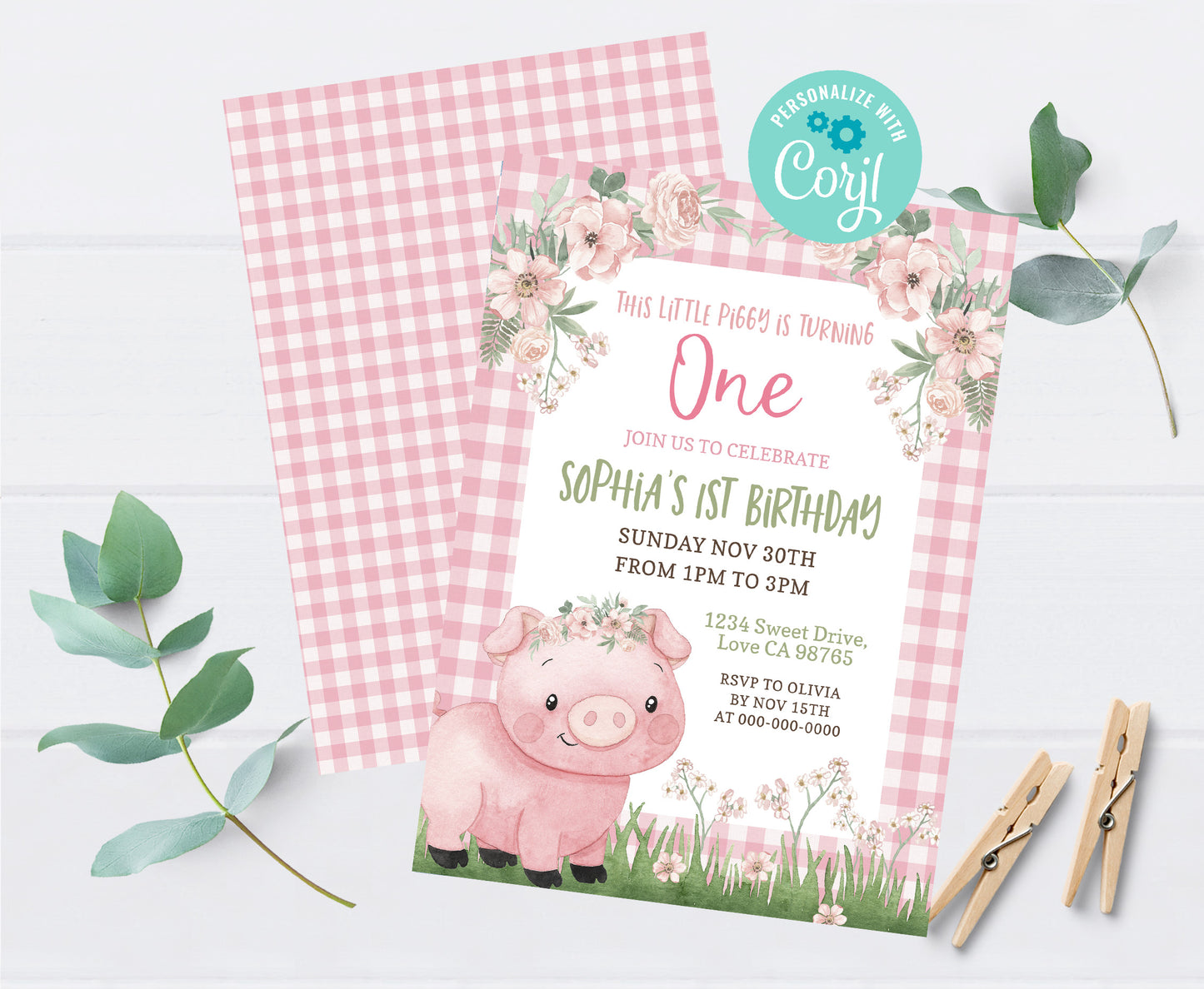 Girl First Pig Birthday Party Invitation | Editable Little Piggy Birthday Invite - 81A