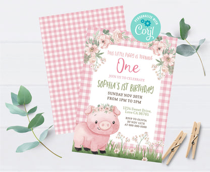 Girl First Pig Birthday Party Invitation | Editable Little Piggy Birthday Invite - 81A