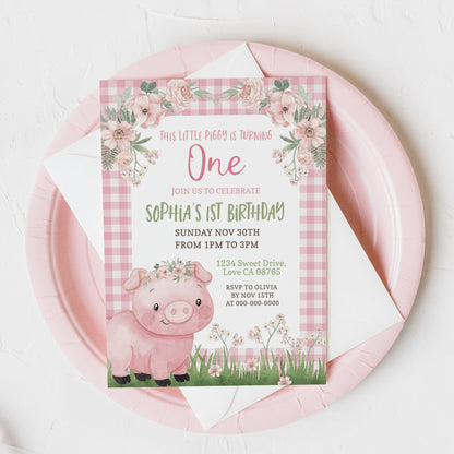 Girl First Pig Birthday Party Invitation | Editable Little Piggy Birthday Invite - 81A