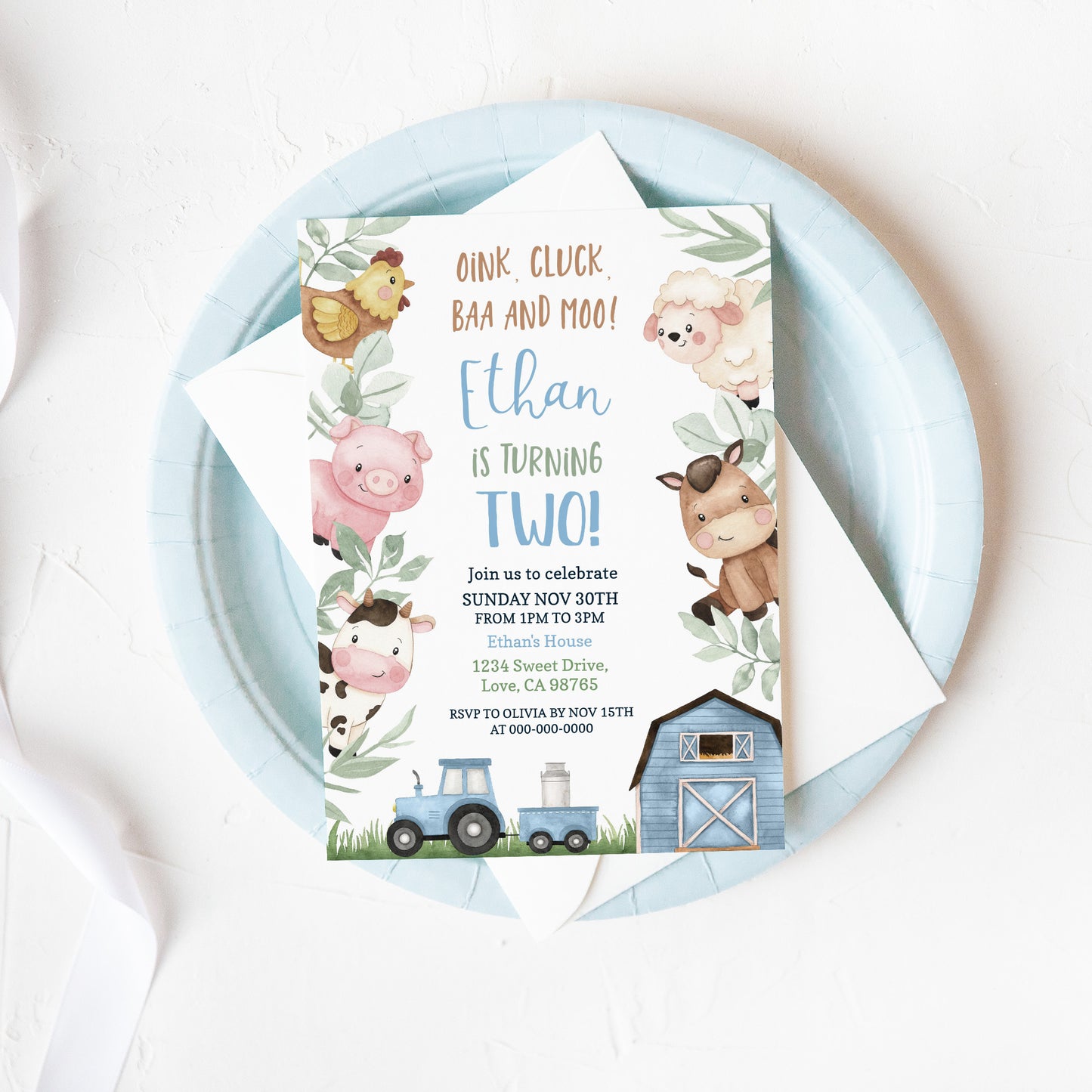 Boy Farm Birthday Party Invitation | Editable Blue Barnyard Birthday Invite - 11J