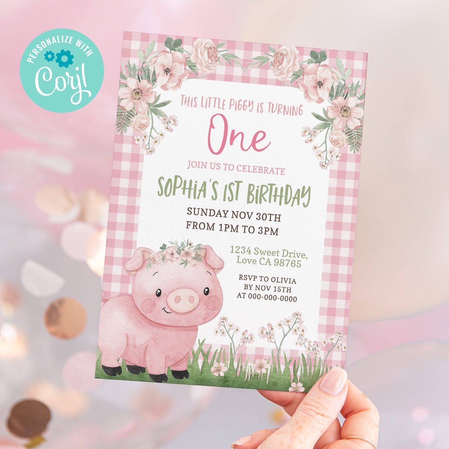 Girl First Pig Birthday Party Invitation | Editable Little Piggy Birthday Invite - 81A