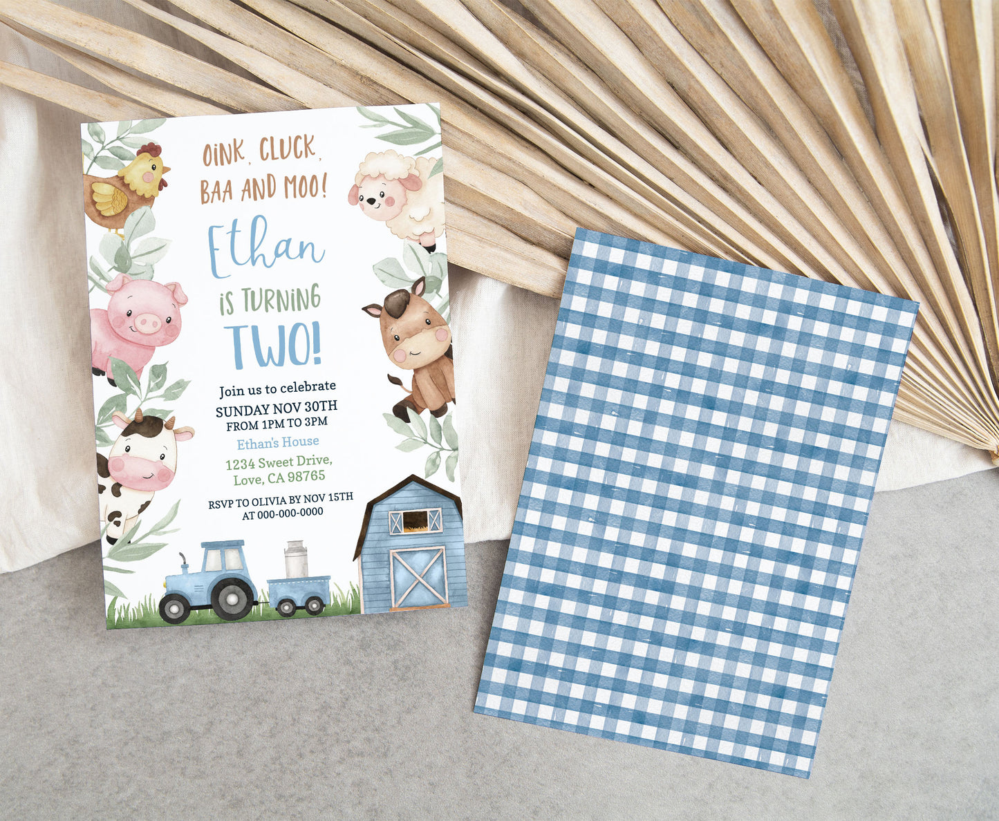 Boy Farm Birthday Party Invitation | Editable Blue Barnyard Birthday Invite - 11J