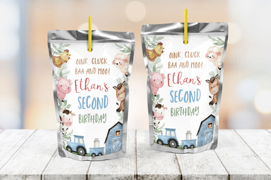 Editable Farm Birthday Juice Pouch Labels |  Barnyard Themed Party Favors -11J