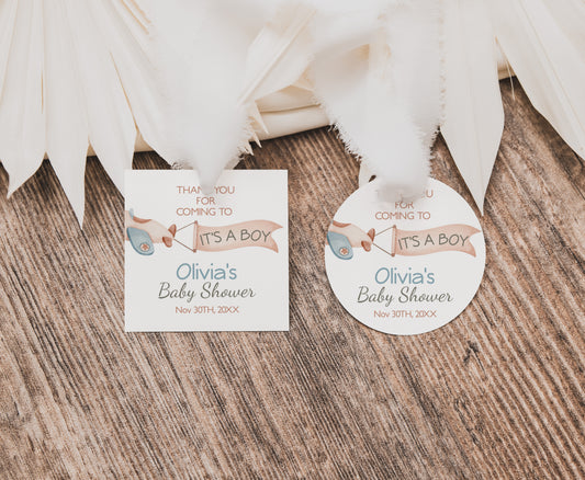 Editable It's aboy Thank You Tags 2"x2" Round and Square | Bear baby shower stickers - 76C