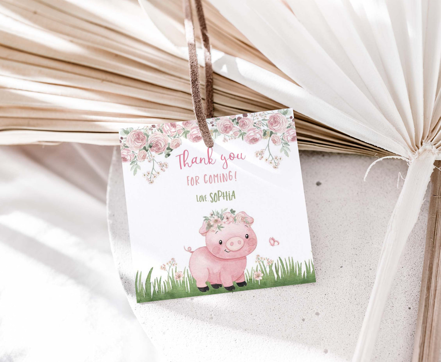Editable Pig Thank You Tags 2"x2" Round and Square | Piggy Birthday stickers - 81A