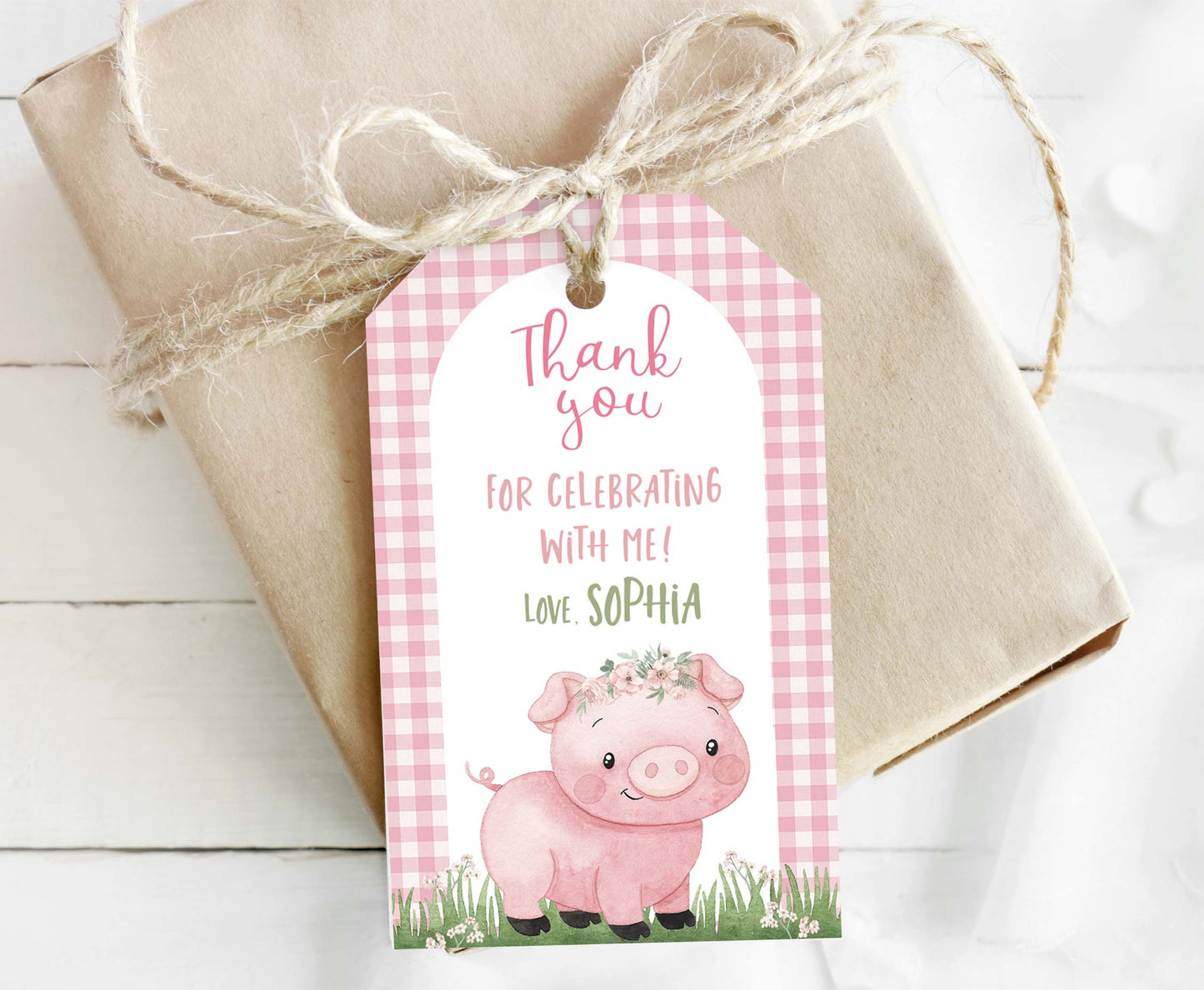 Editable Pink Pig Favor Tags | Pig birthday thank you tags - 81A