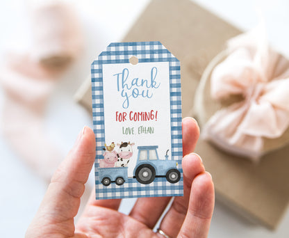 Editable Blue Farm Favor Tags boy | Farm birthday thank you tags - 11J
