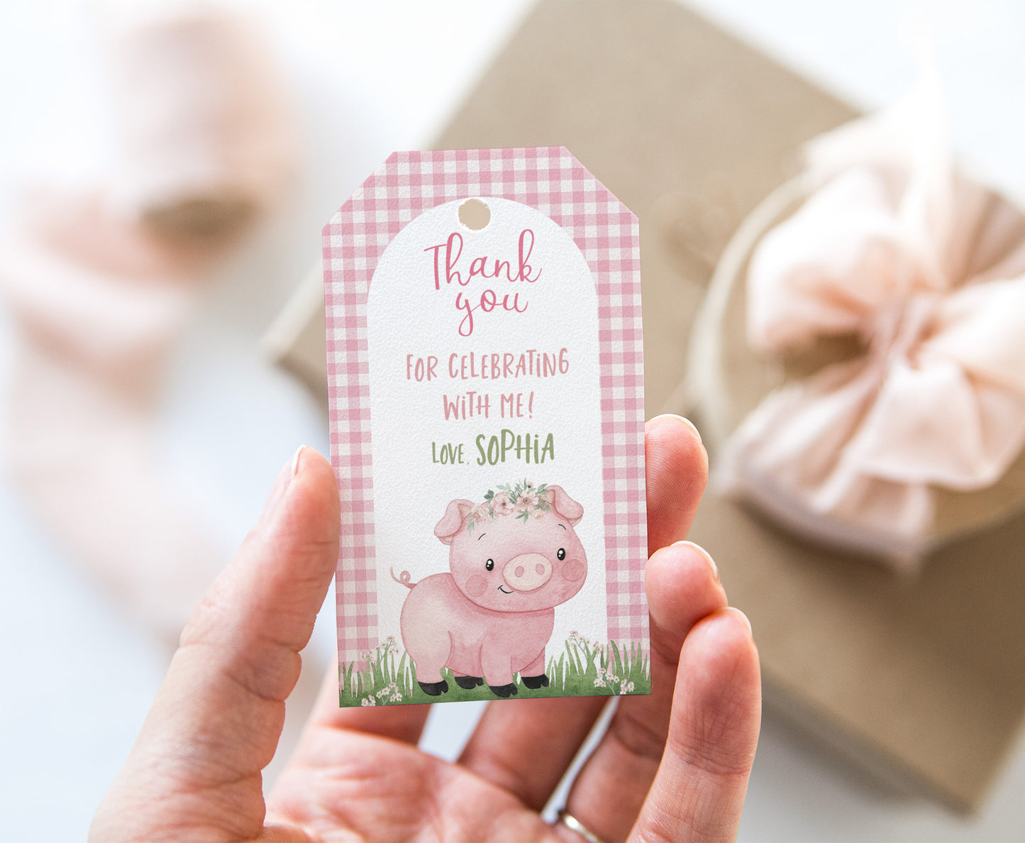 Editable Pink Pig Favor Tags | Pig birthday thank you tags - 81A