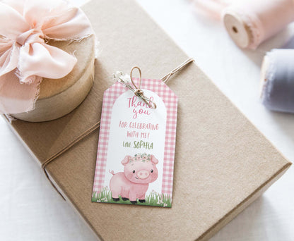 Editable Pink Pig Favor Tags | Pig birthday thank you tags - 81A