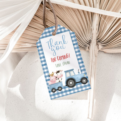 Editable Blue Farm Favor Tags boy | Farm birthday thank you tags - 11J