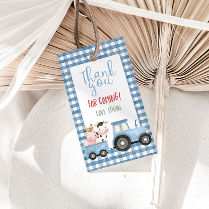 Editable Blue Farm Favor Tags boy | Farm birthday thank you tags - 11J