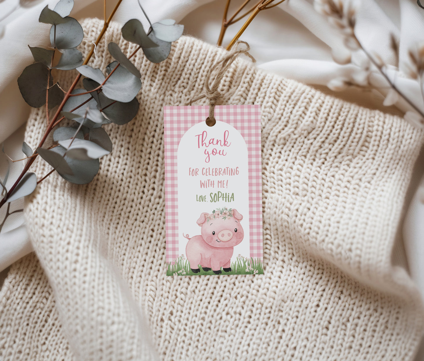 Editable Pink Pig Favor Tags | Pig birthday thank you tags - 81A