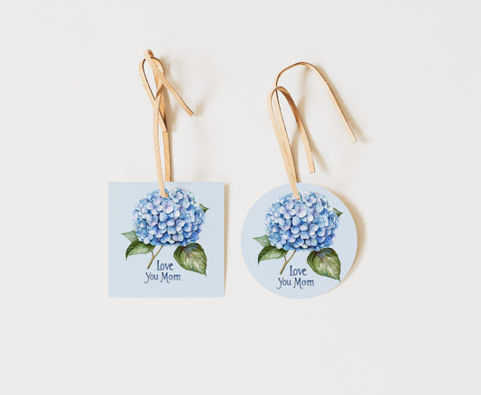Blue Hydrangea Love you Mom Square and Round Tags |  Happy Mother's Day Gift Tag - 116)