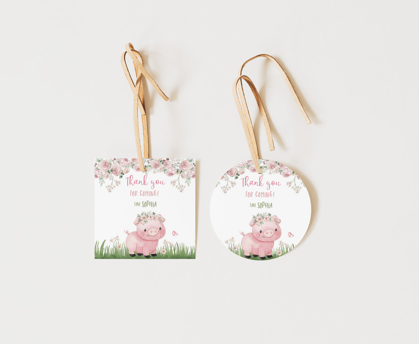 Editable Pig Thank You Tags 2"x2" Round and Square | Piggy Birthday stickers - 81A