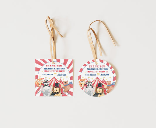 Editable Circus Thank You Tags 2"x2" Round and Square | Carnival Birthday Party Tags - 06A
