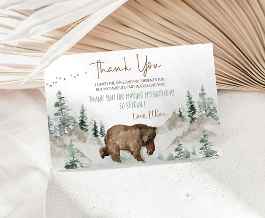 Editable Bear Thank You Card | Woodland Birthday Thank You Notes - 47H