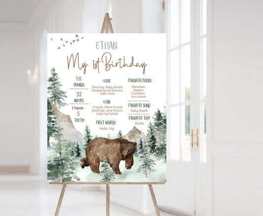 Bear Milestone Poster | Woodland 1st Birthday Decorations - 47H